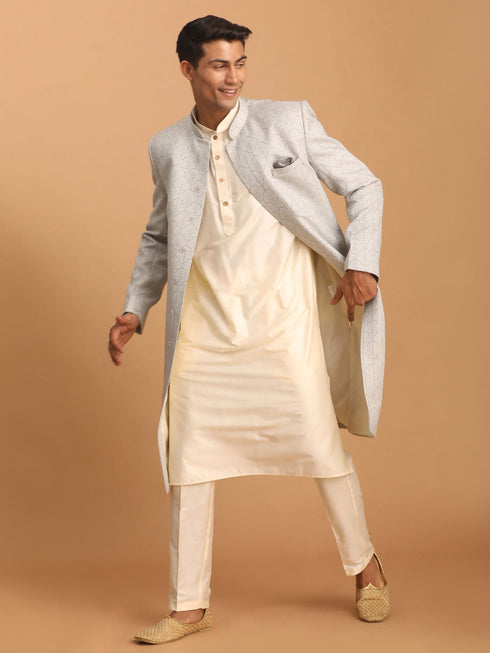 Vastramay Men's Grey Jaccard Sherwani With Cream Kurta Pant Set